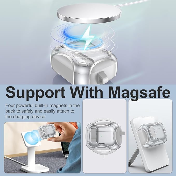 for Airpods Pro 3 Case,Safety Lock&Phone Stand for Airpods Pro 3rd Generation Case Cover,Magsafe Compatible,Auto Pop-up,Military-Grade Protection Design with Carabiner&Cleaning Pen-Silver