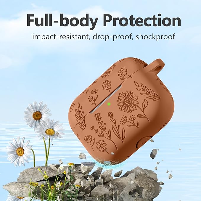 Flower Engraved Case for AirPods Pro 2 Gen with Clean Kit & Keychain, Soft Silicone Protective AirPods Pro Case Cover for Apple AirPods Pro 2nd/1st Generation,Front LED Visible, Reddish Brown