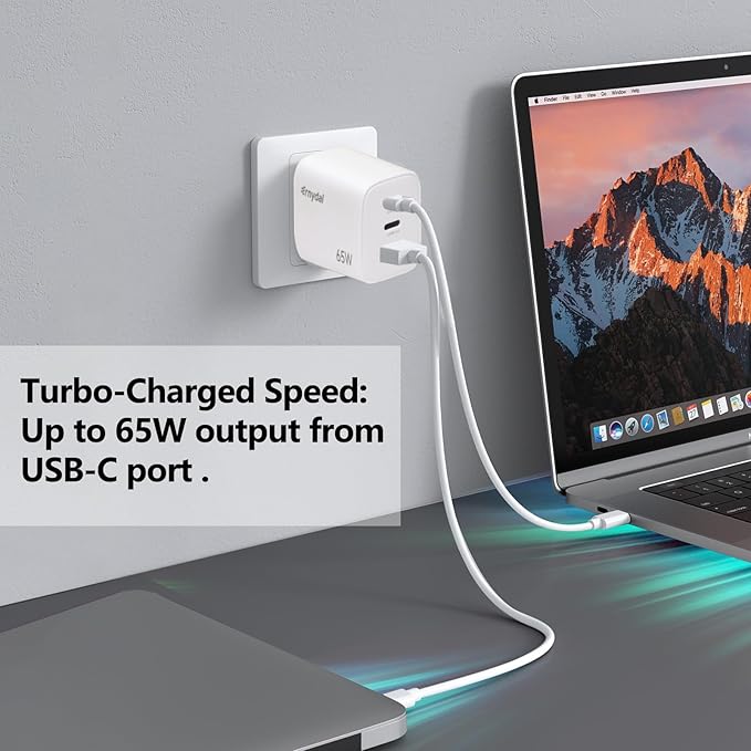 65W GaN USB-C Fast Charger Block with Dual USB-C & USB-A Ports, Compact Power Adapter for MacBook, iPad, iPhone, Galaxy, and More (White)