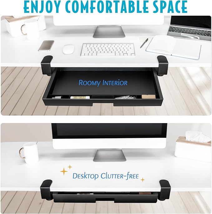 Desk organizer with text 'Roomy Interior' and 'Desktop Clutter-Free' on a white desk setup.
