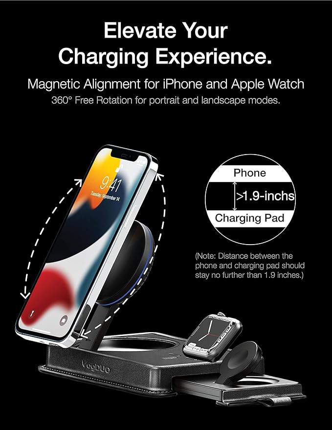 VogDUO 3 in 1 Wireless Magnetic Charger - Foldable Retractable 15W Charging Stand Genuine Leather Nightlight, Compatible with iPhone 16/17, AirPods Pro 3, Apple Watch (Black)