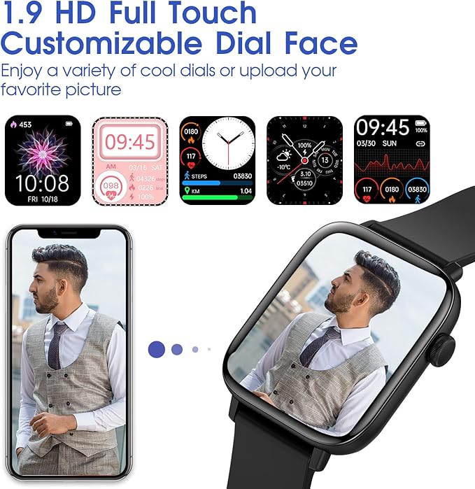 Smart Watch for iPhone/Android Phones (Answer/Make Calls) - 1.9" HD Screen Fitness Tracker : Heart Rate/Sleep Monitor/Pedometer/Calories, Multiple Sports Modes, Waterproof SmartWatch for Men Women