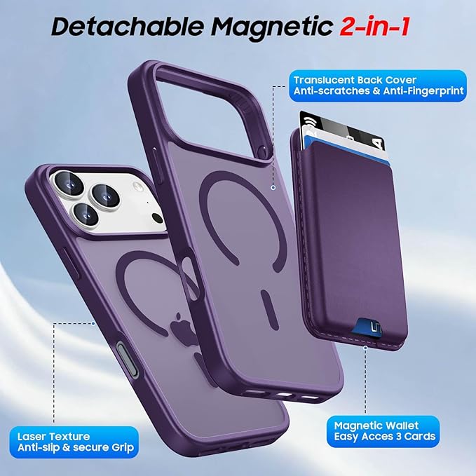 Magnetic for iPhone 17 Pro Max Case with Detachable Wallet, Compatible with MagSafe, Credit Card Holder with Slim Shockproof Protective Phone Cover, Purple