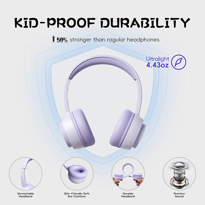 gorsun Kids Bluetooth Headphones, Toddler Headphones 85 dBA Safe Volume, 45 Hours Playtime, with Mic, Bluetooth 5.3, Kids Wireless Headset for iPad/Tablet/Travel/School, ldeal Gift (Purple)