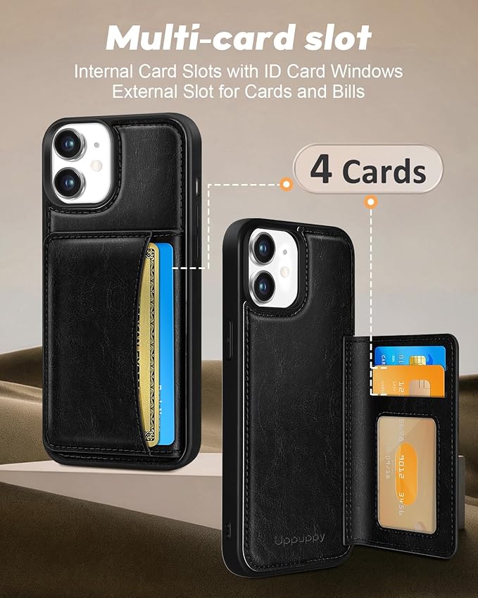 for iPhone 11 Case with Wallet - Fits 4 Card Slots, Compatible with MagSafe for Women Men Durable PU Leather Credit Card Holder Kickstand Phone Cover for Apple 11, Black