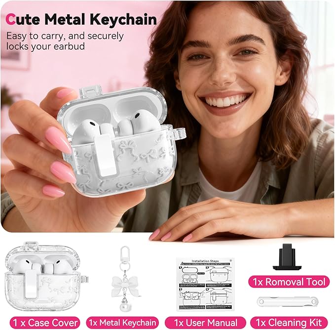 for AirPods Pro 3 Case with Secure Lock & Phone Stand, Bow-Print Clear Case for Apple AirPods Pro 3rd Generation 2025 Cover with Cleaner Keychain for Women Girly (White, Airpods Pro 3 (2025))