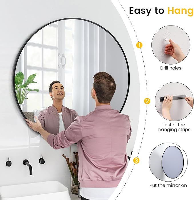 24 in Round Mirror for Wall, Black Metal Frame Circle Mirror, Round Bathroom Mirror for Wall Decor, Mirror for Entryway, Vanity, Bedroom, Easy to Install