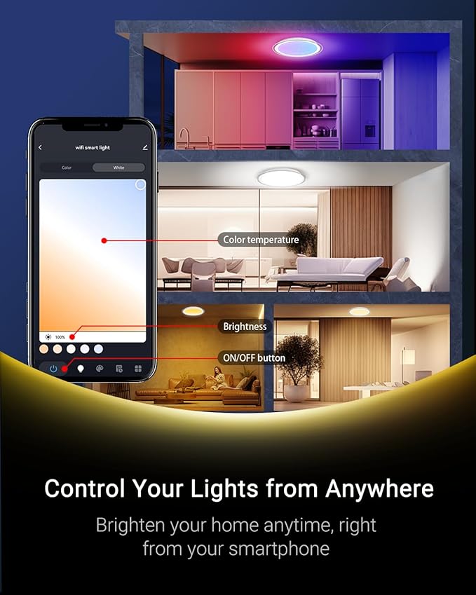 1-Pack, 20 inch Smart LED Music Ceiling Light with Bluetooth Speaker, Compatible with Alexa & Google Home, Color Changing RGB Dimmable Light for Living Room, Bedroom, Kitchen