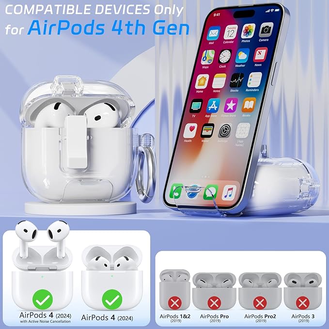 for AirPods 4 Case, Clear AirPod 4 Case Caver with Safety Lock & Phone Stand, Auto-Open Design for Apple AirPods 4th Gen 2024, Anti-Scratch & Shockproof Protective Cover with Cleaner & Keychain