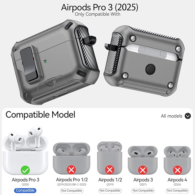 for AirPods Pro 3 Case (2025) with Phone Stand,（with Automatic Snap Switch） Carbon Fiber Design Protection Cover with Cleaning Pen,Gray