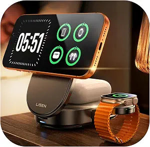 LISEN QI2.2 25W MagSafe Wireless Charger for iPhone 18 Pro Max, Qi2 25W 3 in 1 Charging Station Apple Stand for iPhone 18/17/16/15/14/13 Pro Max, Apple Watch&AirPods, Travel Portable with 45W Adapter