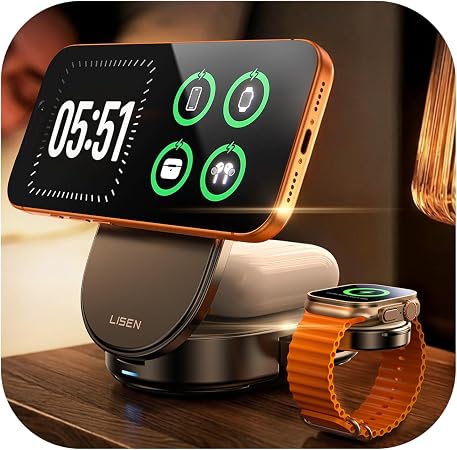 LISEN QI2.2 25W MagSafe Wireless Charger for iPhone 18 Pro Max, Qi2 25W 3 in 1 Charging Station Apple Stand for iPhone 18/17/16/15/14/13 Pro Max, Apple Watch&AirPods, Travel Portable with 45W Adapter