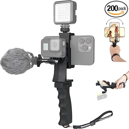 2in1 Ergonomic Portable Action Camera+Smartphone SYN Hand Grip Stabilizer Combo Mount Video Vlogging Rig Holder Kit for GoPro iPhone Interview Travel YouTube Tiktok Streaming-Mic+Light Adapter - Image 4