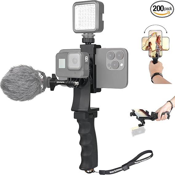 2in1 Ergonomic Portable Action Camera+Smartphone SYN Hand Grip Stabilizer Combo Mount Video Vlogging Rig Holder Kit for GoPro iPhone Interview Travel YouTube Tiktok Streaming-Mic+Light Adapter - Image 7