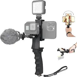 2in1 Ergonomic Portable Action Camera+Smartphone SYN Hand Grip Stabilizer Combo Mount Video Vlogging Rig Holder Kit for GoPro iPhone Interview Travel YouTube Tiktok Streaming-Mic+Light Adapter - Image 1