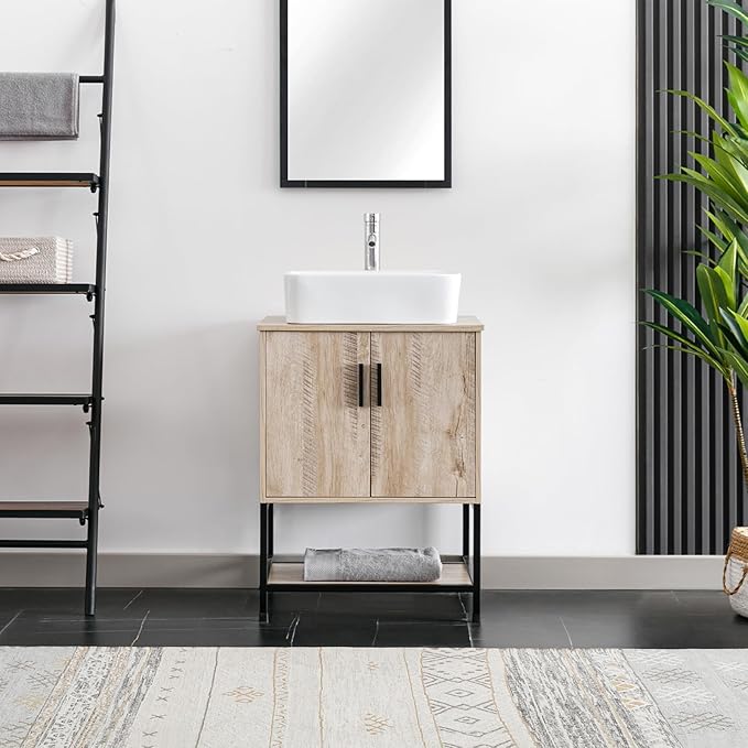 eclife 24" Bathroom Vanity Sink Combo Modern Metal Stand Cabinet W/Bottom Shelf White Rectangle Vessel Sink & Water Save Faucet & Pop Up Drain, Oak (T03)