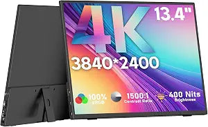 4K Portable Monitor, 13.4" 3840 * 2400 IPS Portable Monitor for Laptop, Slim Lightweight HDR Travel Screen USB-C HDMI w/Smart Cover for Laptop PS5/4 Xbox