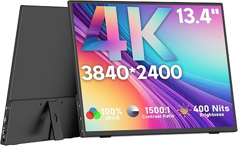 4K Portable Monitor, 13.4" 3840 * 2400 IPS Portable Monitor for Laptop, Slim Lightweight HDR Travel Screen USB-C HDMI w/Smart Cover for Laptop PS5/4 Xbox