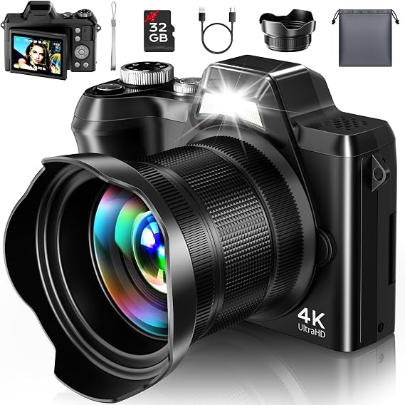 4K Digital Camera for Photography Travel, 56MP Autofocus Vlogging Camera for YouTube, 16X Zoom with 3" 180°Flip Screen & Lens Hood, 32GB Card, Gift Ideas for Teens & Beginners