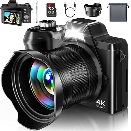 4K Digital Camera for Photography Travel, 56MP Autofocus Vlogging Camera for YouTube, 16X Zoom with 3" 180°Flip Screen & Lens Hood, 32GB Card, Gift Ideas for Teens & Beginners