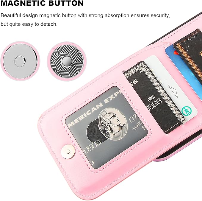 KIHUWEY Compatible with iPhone 16 Case Wallet with Credit Card Holder, Flip Premium Leather Magnetic Clasp Kickstand Heavy Duty Protective Cover for iPhone 16 6.1 Inch (Pink)