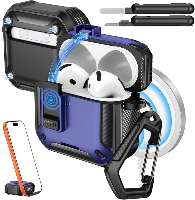MoKo for AirPods 4 Case with Lock 2024 - Compatible with MagSafe, Phone Stand & Auto Pop-up for AirPods 4th Generation Case, Military-Grade Protective Cover with Cleaner Kit, Dark Blue+Black