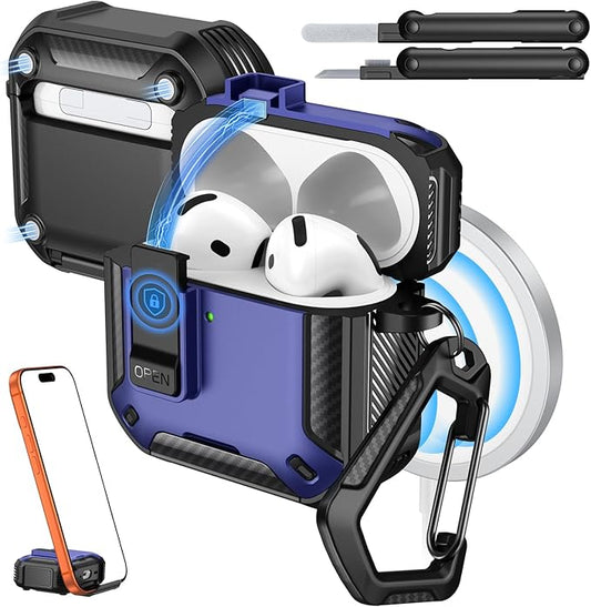 MoKo for AirPods 4 Case with Lock 2024 - Compatible with MagSafe, Phone Stand & Auto Pop-up for AirPods 4th Generation Case, Military-Grade Protective Cover with Cleaner Kit, Dark Blue+Black