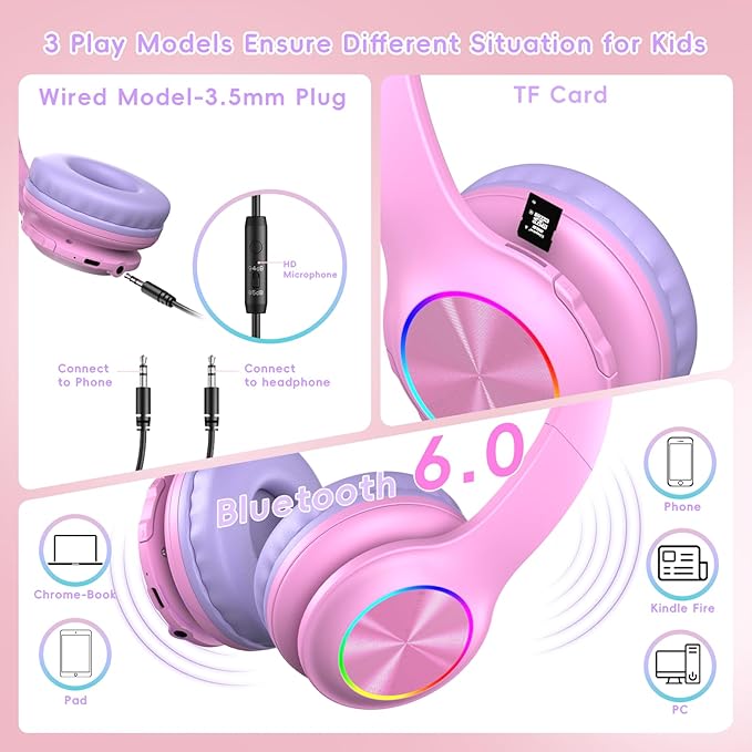 Kids Bluetooth 6.0 Headphones with LED Light, 85Hours Playtimes, Type-C Fast Charging, 85/94dB Volume Limited, Comfort Wireless Headphones with Built-in Mic, Wired & TF Card Mode, Pink