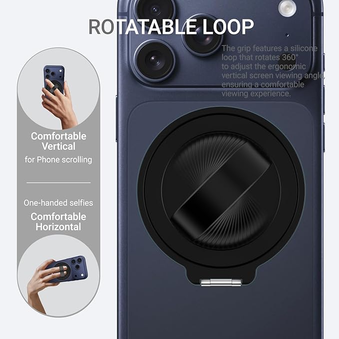 Grat 3 for Magsafe Magnetic Phone Grip Stand, 360° Rotatable Silicone Strap Phone Loop Holder, Detachable Ring Kickstand Compatible with iPhone 17 Pro Max Air 16 15 14 13 12, Black