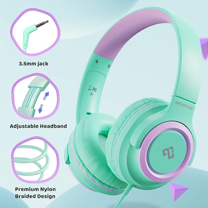 INFURTURE Kids Headphones, Wired Headphones for Kids Over Ear with Microphone, 85/94dB Volume Limiter Headphone for Girls Boys, Foldable Headphone for School, Airplane Travel