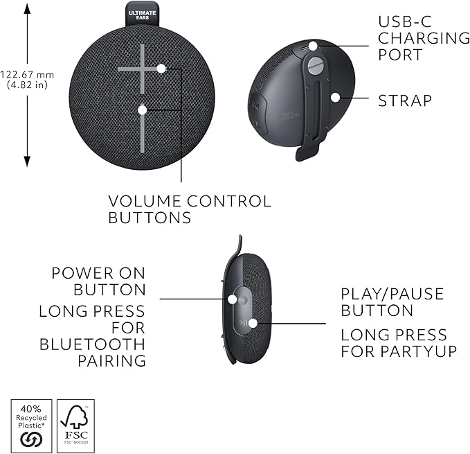 Ultimate Ears MINIROLL Ultra-Portable Waterproof Bluetooth Speaker, Big Bass, IP67 Dustproof, 131 ft (40 m) Range - Gentle Black