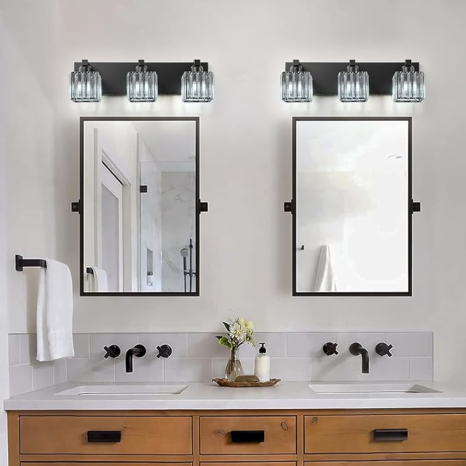 3-Light Black Bathroom Vanity Light, 19.7" Modern Crystal Bathroom Light Fixtures Over Mirror, Black Wall Light