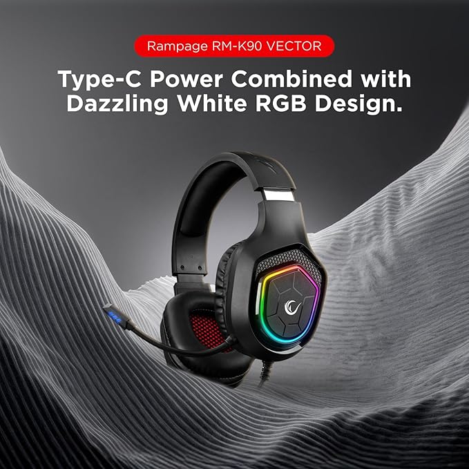 Rampage RM-K90 Wired Gaming Headset with Microphone – RGB Headphones with Mic, 50mm Drivers, Noise-Canceling for PC, PS4, PS5 & Laptop Gaming