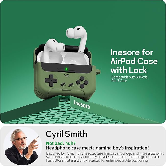 Inesore for Airpods Pro 3 Case Cover with Cleaner Kit,with Lock for Airpod Pro 3 (2025),Classic Cool Funny Game Console Hard Air Pods Pro 3 Case for Men Boy(Military Green)