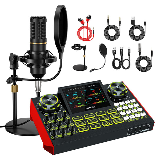 G9 Podcast Microphone Bundle with Live Sound Card Audio Mixer, Podcast Equipment Bundle Sound Board with 3.5mm Condenser Microphone for Pc/Phone Live Streaming Singing Gaming,Voice Changer, Denoise
