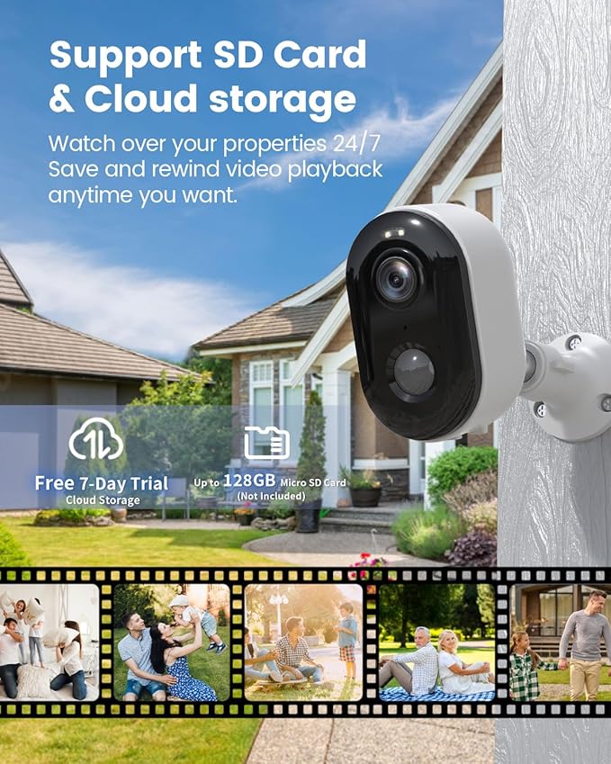 Security Cameras Wireless Outdoor, Battery Powered 2K Color Night Vision, WiFi Cameras for Home Security, AI Motion Detection,Spotlight Siren Alarm,IP66 Waterproof,2-Way Talk,SD/Cloud Storage
