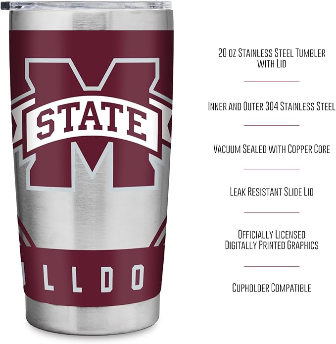 Rico Industries NCAA 20oz Stainless Steel Tumbler with Lid - Great For Coffee, Tea, Water or Cocktails