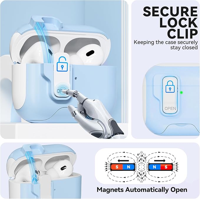 for AirPods Pro Case with Phone Stand,Secure Lock Cases Compatible with Airpods Pro 2nd/1st Generation, Drop-Proof Cover with Cleaner and Lanyard for Women Girly (Sky Blue)