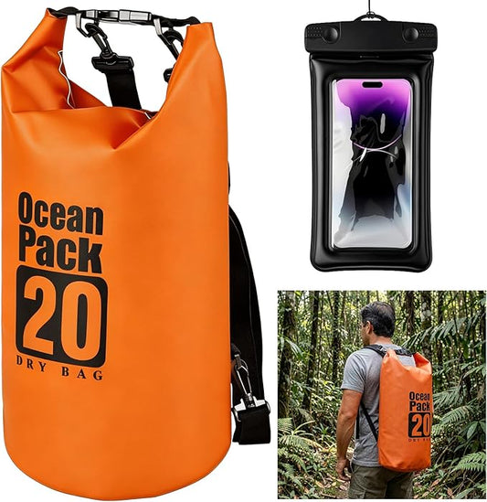 Waterproof Dry Bag, 20L Water Proof Backpack, Roll Top Closure Dry Bag Orange, Heavy Duty Floating Pouch for Kayaking Boating, Durable Hiking Backpack with IPX8 Waterproof Phone Case-Black, 7"