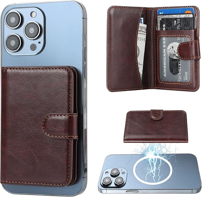 Bocasal for MagSafe Wallet Magnetic Card Holder, RFID Blocking Leather Card Slots for iPhone 17/16/15/14/13/12 Pro/Max/Plus/Air, Adjustable Kickstand Flip Mag Safe Wallet (Brown)