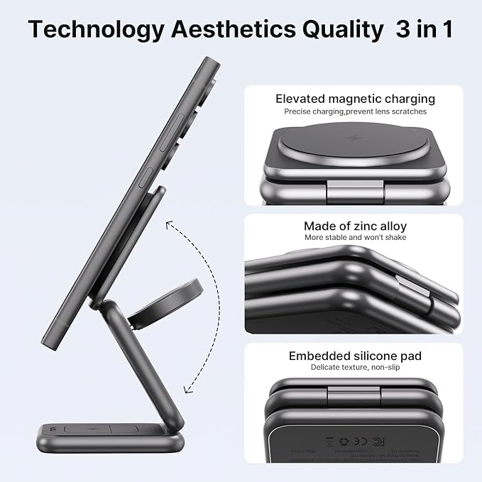 KU XIU Wireless Charger for Samsung,Aluminum Alloy Foldable 3 in 1 Wireless Charging Station for Galaxy S26 S25 Ultra S24 S23 Note Z Fold 7 Flip/Buds,Fast Charger for Galaxy Watch Ultra 8 7 6 5