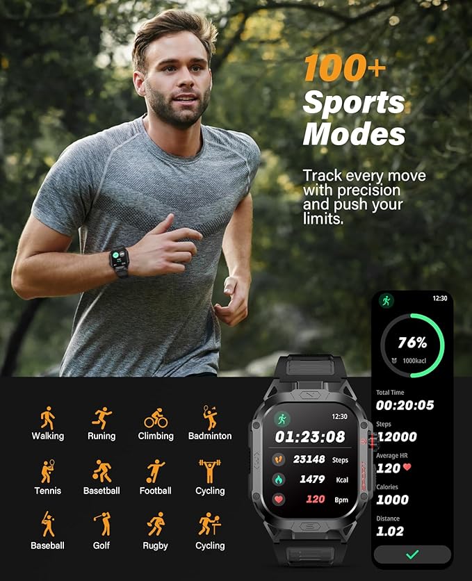 SOUYIE Military Smart Watch for Men Answer/Make Call, 2.02" Outdoor Sport Smartwatch with Flashlight, Heart Rate Blood oxygen Blood Pressure Sleep, 100+ Sport Modes Fitness Tracker for Android and iOS
