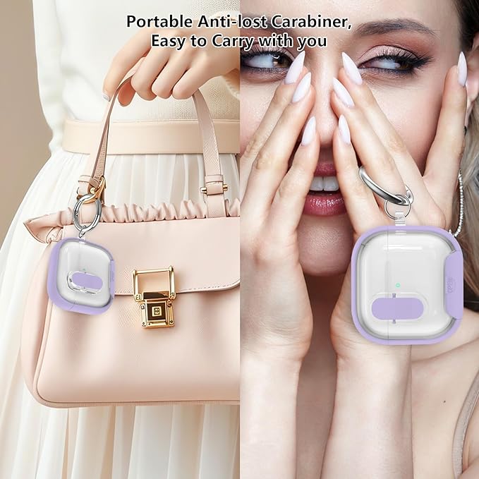 for Airpods 4 Case Clear,Secure Lock for Airpods 4th Generation Case Cover with Phone Stand and Magsafe Function,Auto Pop-up,Hybrid Protection Design with Carabiner&Cleaning Pen-Purple