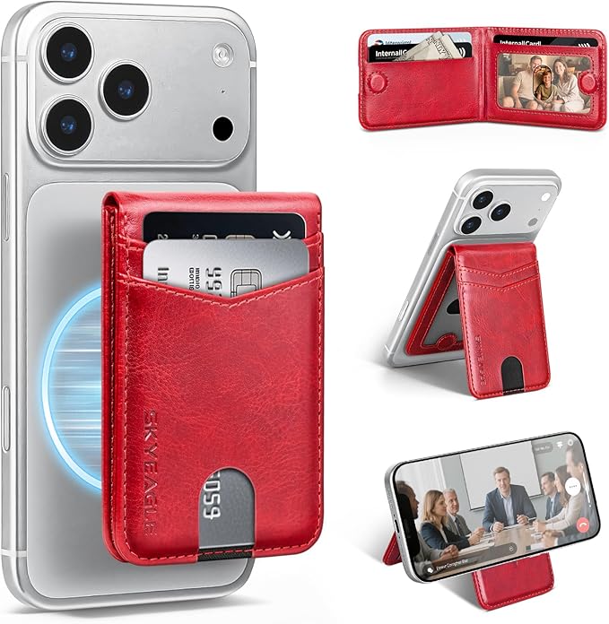 Compatible with Magsafe Case with Card Holder for Men Women Magnetic Ultra-Thin Wallet Bracket Adjustable Bracket for iPhone 17/16/15/14/13/12 Pro/Pro Max/PlusSeries,Red