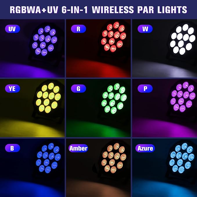 Rechargeable Par Lights Uplights RGBWA+UV 6-in-1 LED Battery Powered Stage Lights with Remote & DMX Control, Sound Activated for Festivals, Weddings, Bars, Churches, DJ