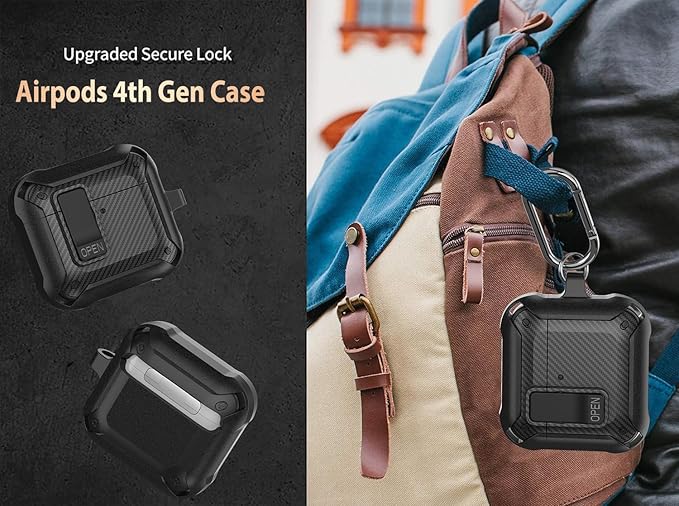 for Airpods 4 Case with Lock Clip, Rugged Apple Airpods 4th Generation Cover 2024 Men Women, Armor Shockproof iPod 4 Gen Protective Hard Shell with Carabiner&Cleaner kit,CF Black