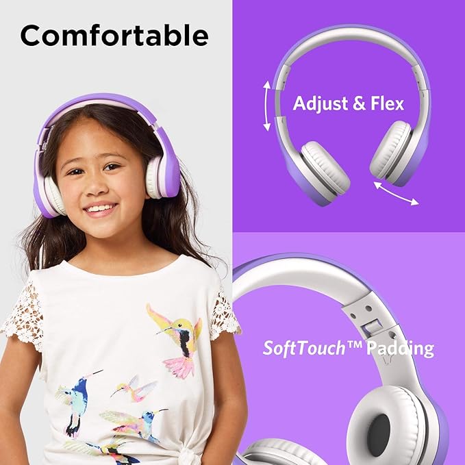 LilGadgets Connect+ Style On-Ear Kids Headphones with Microphone - SharePort Technology, SoftTouch Padding, Detachable Cable, Volume Limiting, Durable & Adjustable - Purple