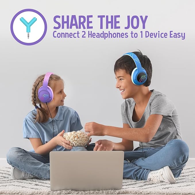 PowerLocus Kids Wireless Headphones, Bluetooth Kids Headphones LED Lights Over Ear with 74/85/94dB Volume Limited, 45H Playtime,Built-in Mic, Two Device Share Mode, HD Stereo for Travel/PC/Tablet