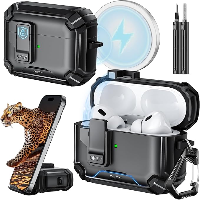 Inesore Compatible with AirPods Pro 2nd/1st Generation Case Cover with Phone Stand & Cleaning Kit,Compatible with Magsafe,Magnetic Automatic Lock for iPod Pro Charging Case(USB-C/Lightning Cable)