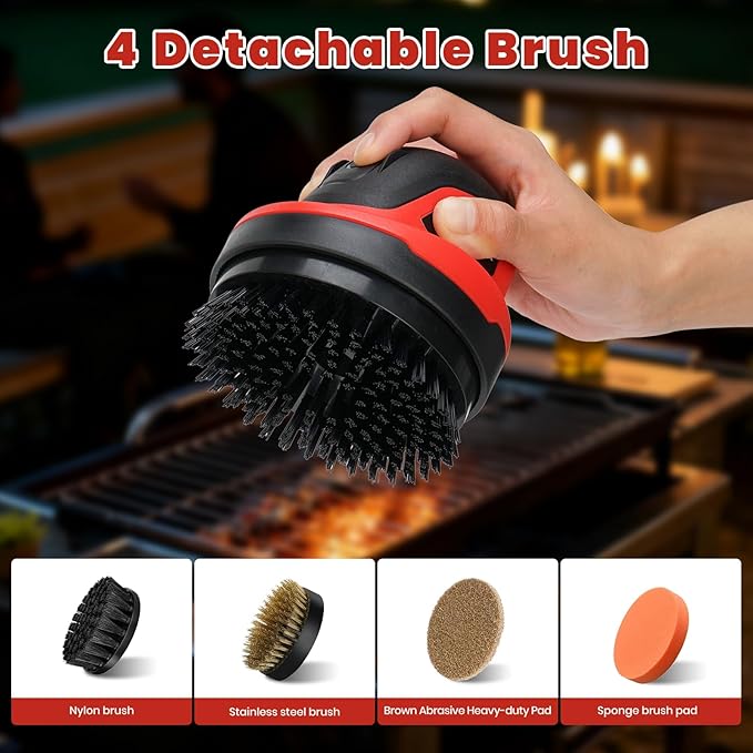 Electric Grill Brush- Waterproof Cordless Rotary Cleaning Brush with 4 Heads for Outdorr Grill,Car,Bathroom